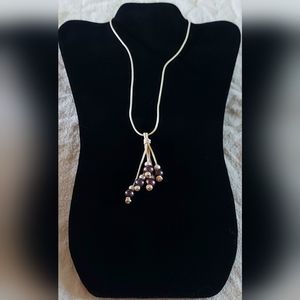 Handmade Metallic White Leather And Peacock & White Pearl Dangle Necklace